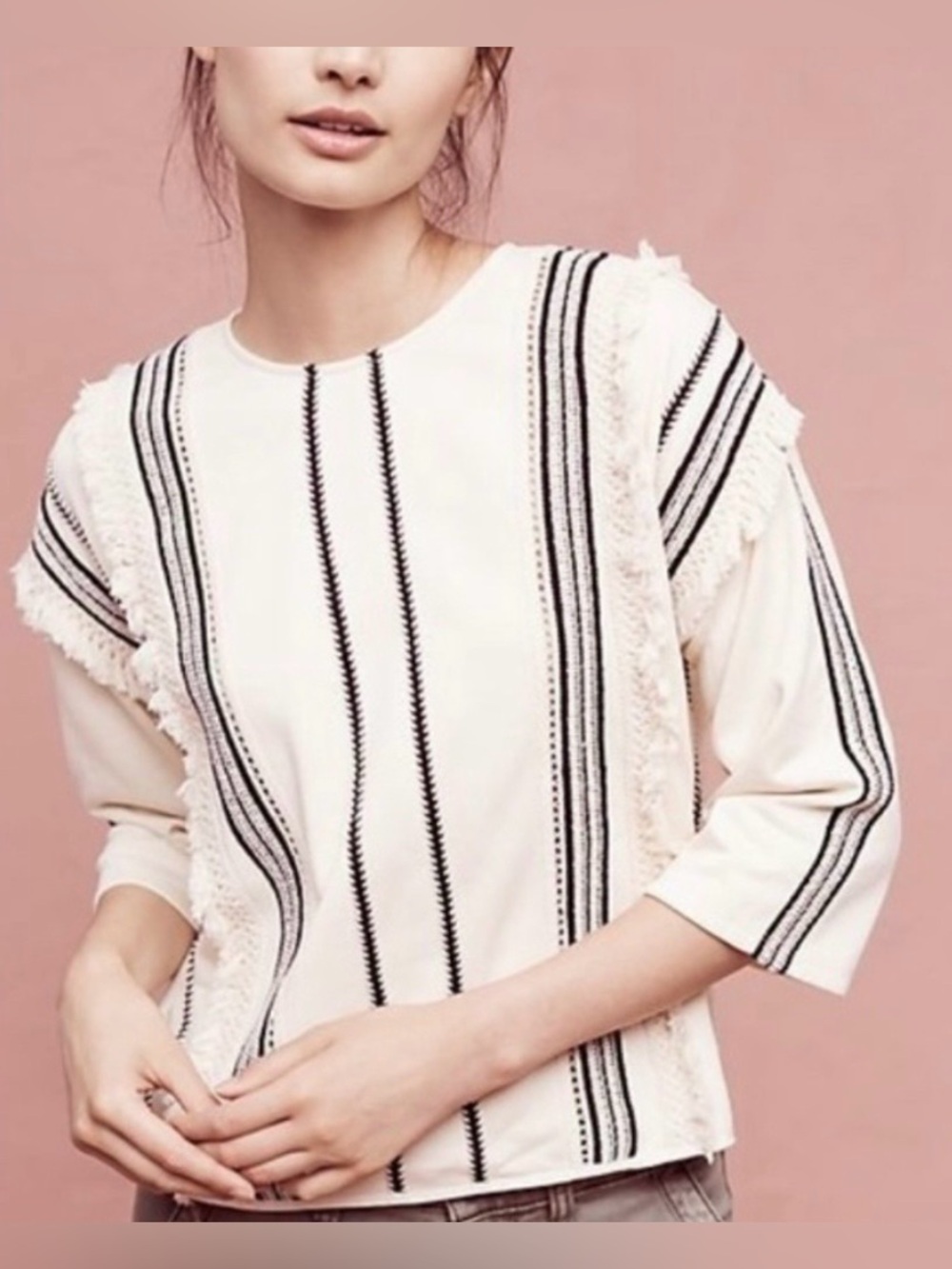 Eri + Ali Boho Chic Boxy Fringe-Trim Striped Top - Cream & Black